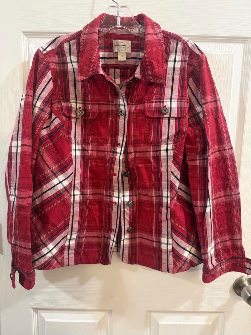 Christopher & Banks Red Plaid Stretch Button-Down Jacket Size XL